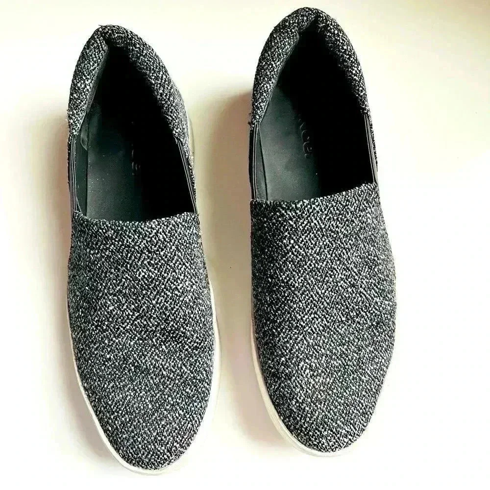 Vince Warren Platform Sneakers Gray Tweed Notched  Vamp Cushioned Slip Ons